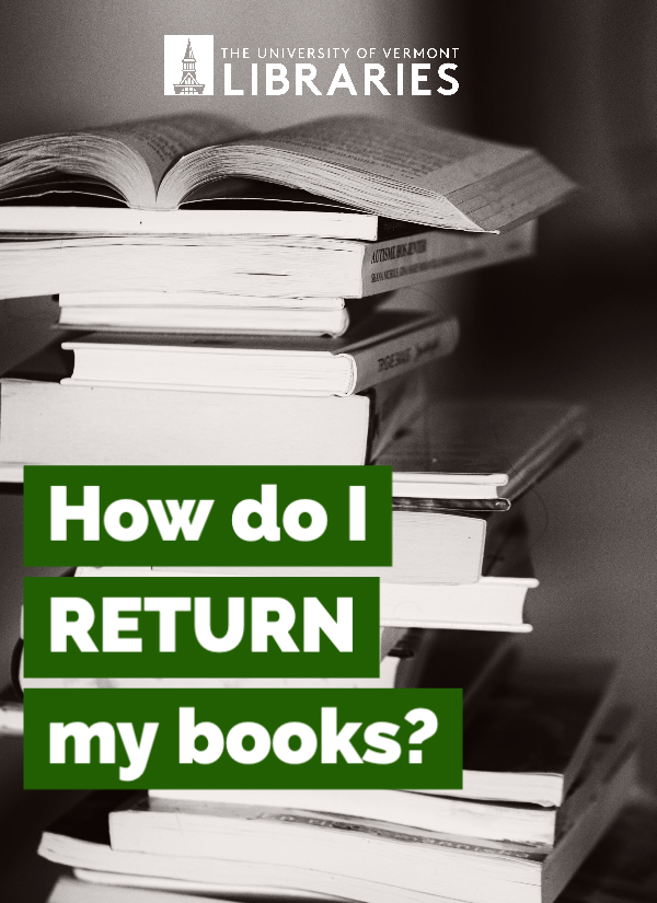 A black-and-white photo of a stack of books with text that reads, "How do I return my books?"